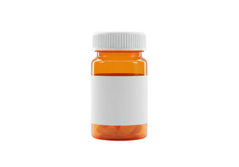 Isolated amber pill bottle mockup with blank label for medicine or supplements packaging