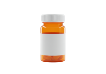 Isolated amber pill bottle mockup with blank label for medicine or supplements packaging
