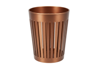 Isolated wastepaper basket, metallic copper trash can for office or home, no background