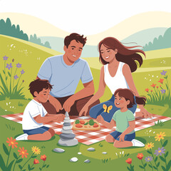 Family having a picnic in a meadow with flowers and trees park outdoor