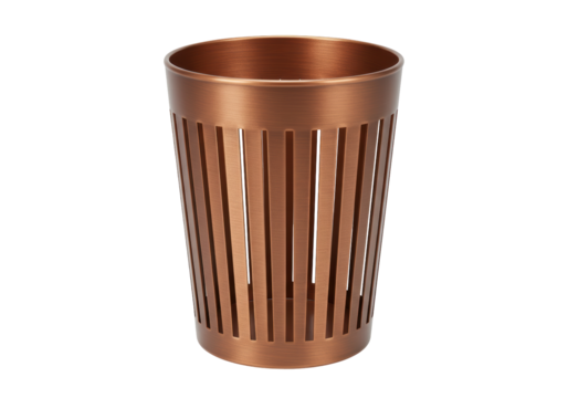 Isolated wastepaper basket, metallic copper trash can for office or home, no background