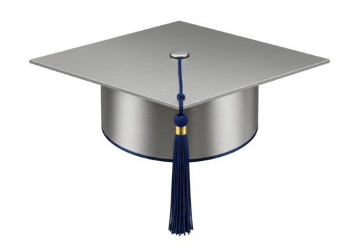 Isolated graduation mortarboard, gray-metal academic cap with navy tassel on a neutral stage
