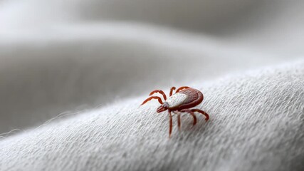 Red tick crawling on a white fabric, representing a potential lyme disease threat and the importance of checking for ticks after outdoor activities