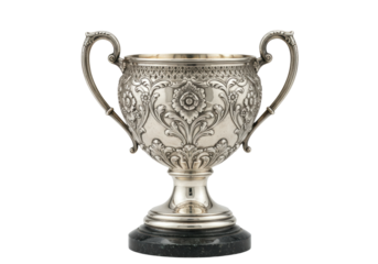 Isolated metal trophy cup with intricate floral design perfect for display or award ceremony