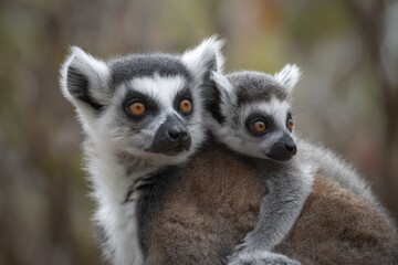 Obraz premium Close-up of a ring-tailed lemur mother and baby (1)
