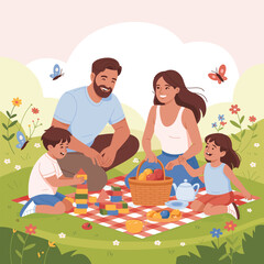 Family having a picnic in a park with butterflies and flowers playing with blocks
