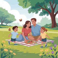 Family having a picnic in a park with butterflies father mother