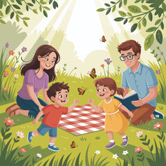 Family having a picnic in a sunny meadow with butterflies Keywords: family, picnic, meadow, park