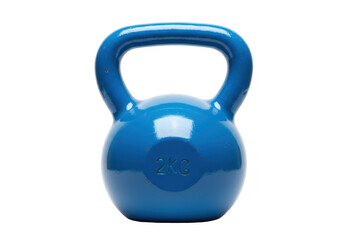 Isolated shiny blue 2kg kettlebell on a neutral backdrop for weightlifting and exercise workout