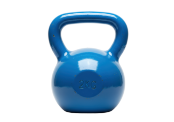 Isolated shiny blue 2kg kettlebell on a neutral backdrop for weightlifting and exercise workout