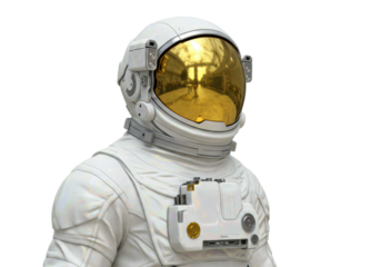 Isolated Astronaut in Spacesuit with Gold Visor Reflecting Interior, Isolated on No Background