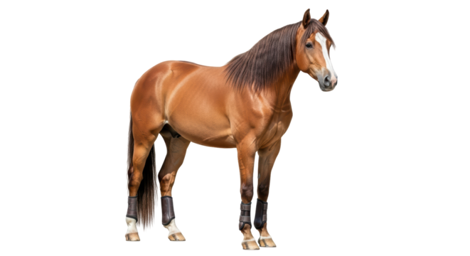 Isolated Chestnut Horse with Dark Mane and Leg Wraps Poses Standing Looking to Right