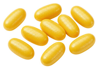 Isolated gold softgel capsules, dietary supplements, or fish oil pills health benefits on a table