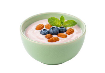 Isolated bowl of yogurt with blueberries and almonds, topped with mint leaves