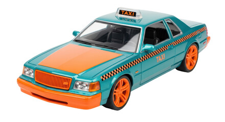 Isolated collectible blue taxi cab with orange hood and bumpers ready for travel service
