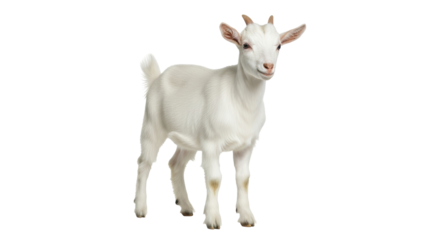 Isolated young goat with short horns standing looking at the camera confidently