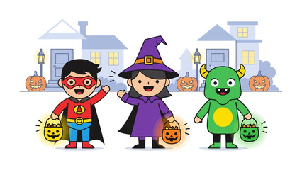 Halloween Costume Parade: Cute cartoon characters in vibrant costumes, a superhero, witch, and monster, are seen in a fun Halloween illustration, exuding festive spirit and joy.