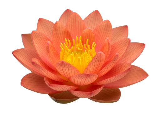 A vibrant orange-coral lotus blossom, with detailed and delicate petals, displayed against a pure black background.