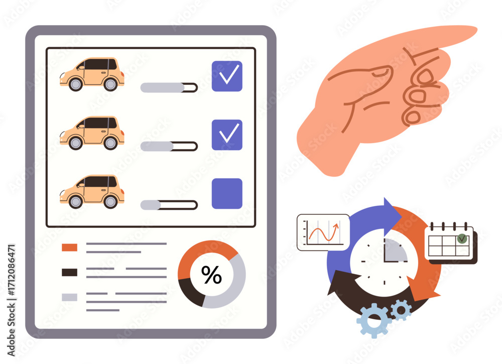 Poster car checklist with progress bars and graphs, hand gesture, and charts for analysis. ideal for evalua