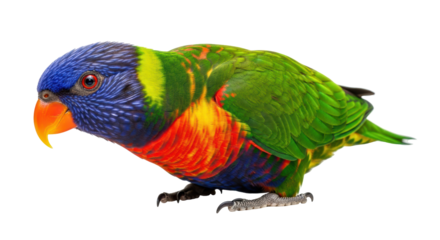 Isolated Rainbow Lorikeet parrot close-up of head and body, colorful bird on a clear surface