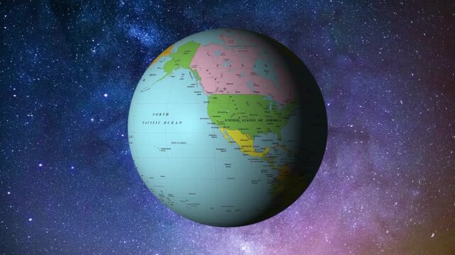 A flat world map turning  into a 3D spinning globe on a universe model background