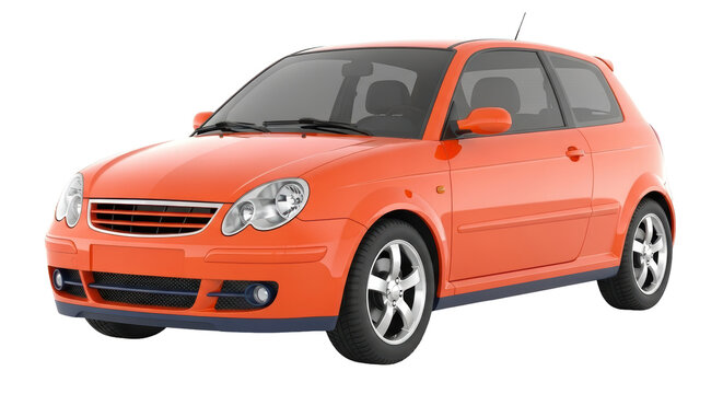 Isolated orange hatchback vehicle, studio shot, parked car ready to be released, sporty, clean