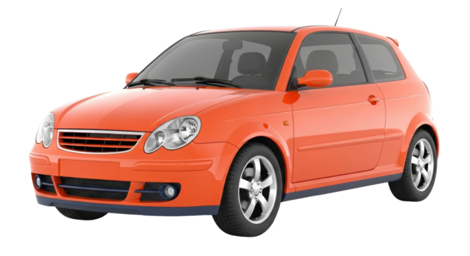Isolated orange hatchback vehicle, studio shot, parked car ready to be released, sporty, clean