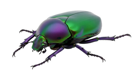 Isolated Scarab Beetle, a large shiny iridescent insect with colorful exoskeleton, portrait
