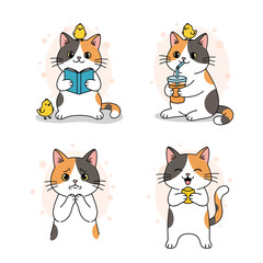 Cute Calico Cat Cartoon Characters Set Reading Drinking Happy Sad Illustrations
