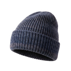 Dark Blue Knit Winter Beanie Hat on White Background
