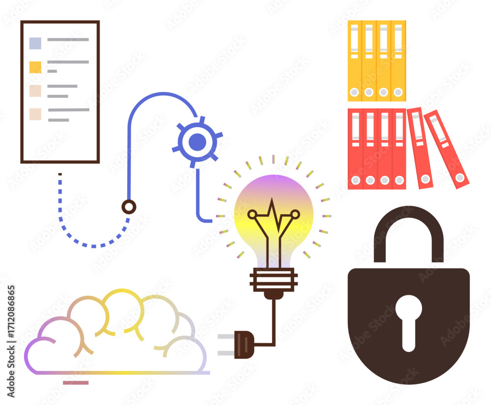 Poster cloud connection, cogwheel, glowing lightbulb, secure padlock, organized file binders. ideal for dat