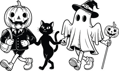 Whimsical Halloween characters, a pumpkin person, black cat, and ghost, walk together holding hands