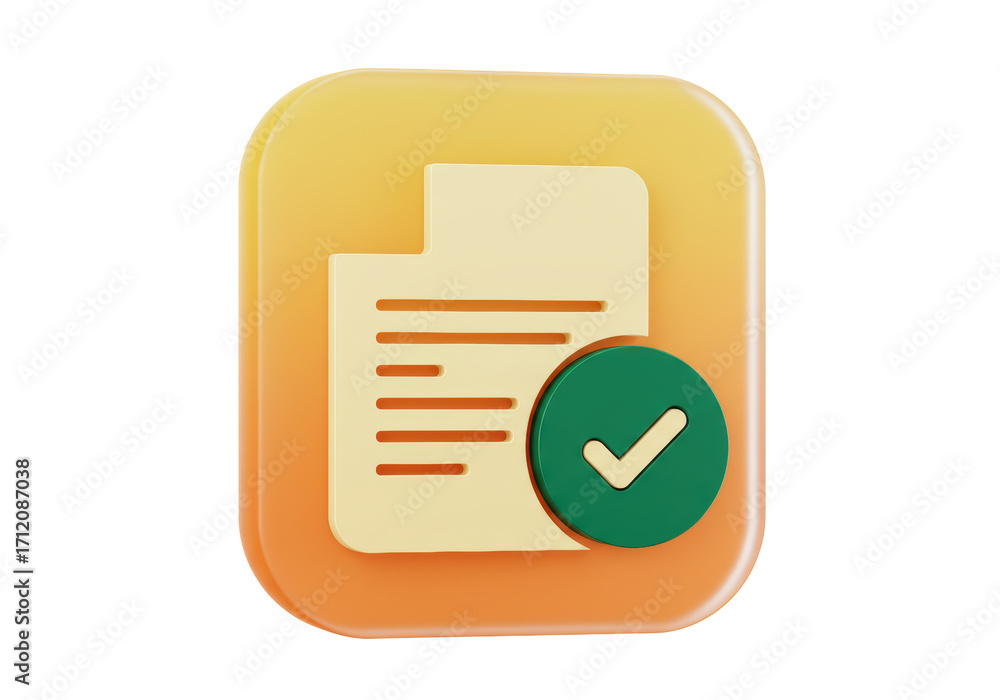 Poster isolated file icon showing a document with lines and a green check mark, successful data