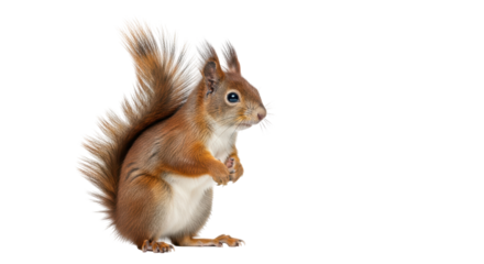 Isolated red squirrel standing on hind legs, looking to side, holding paws together