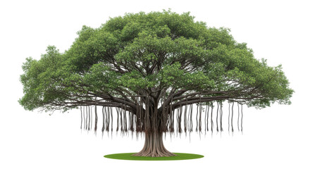 Isolated tree with a dense green canopy, aerial roots, and exposed branches and trunk © Andrei