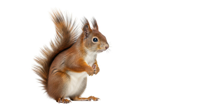 Isolated red squirrel standing on hind legs, looking to side, holding paws together