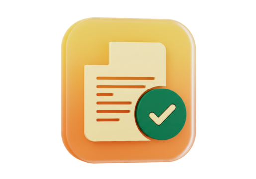 Isolated File icon showing a document with lines and a green check mark, successful data