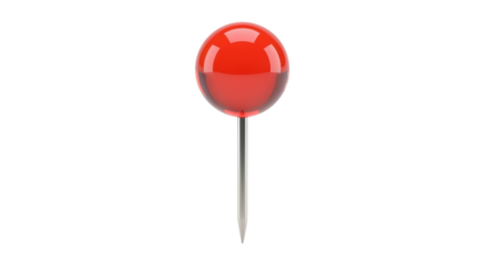 Isolated red map tack or pushpin showing the sharp point and spherical, see-through head