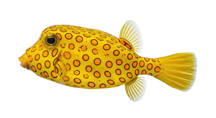 Isolated Yellow Boxfish swimming with many orange ringed spots against a simple background