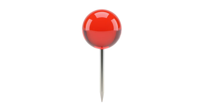Isolated red map tack or pushpin showing the sharp point and spherical, see-through head
