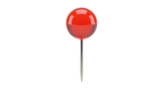 Isolated red map tack or pushpin showing the sharp point and spherical, see-through head