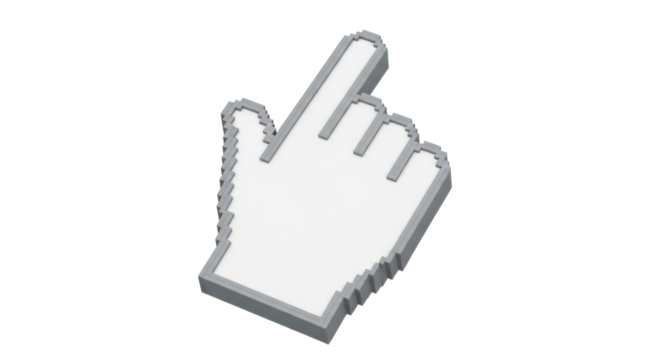 Isolated 3D render of computer mouse pointer cursor with pixel art style, pointing upward