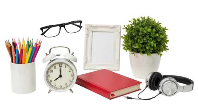 Isolated still life of desk objects featuring plant, headphones, book, frame, pencils, clock, and glasses