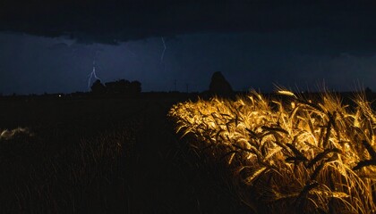 Golden Wheat Field Under a Dramatic Night Sky with Lightning
