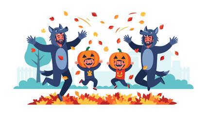 Festive Halloween: A family in Halloween costumes joyfully celebrates amidst a burst of autumn leaves and playful expressions of pure joy and laughter.