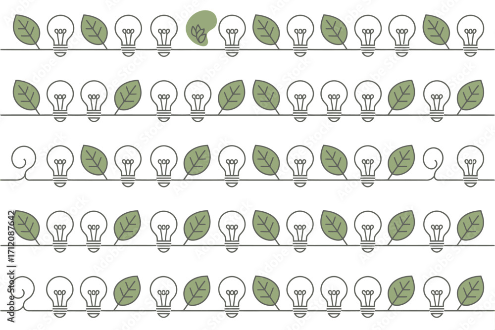 Poster repeated pattern showing lightbulbs and leaves connected by a line on a white background design art