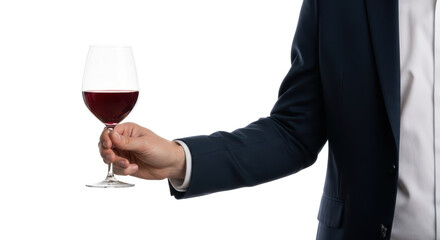Isolated person in a dark suit raising glass of red wine to celebrate an occasion event