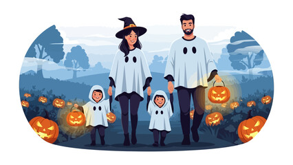 Halloween Family Gathering: A delightful illustration captures the spirit of Halloween, depicting a family dressed in festive ghost costumes, walking together in a charming pumpkin patch with lantern.