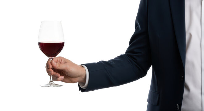 Isolated person in a dark suit raising glass of red wine to celebrate an occasion event - Powered by Adobe