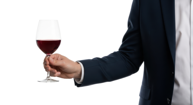 Isolated person in a dark suit raising glass of red wine to celebrate an occasion event
